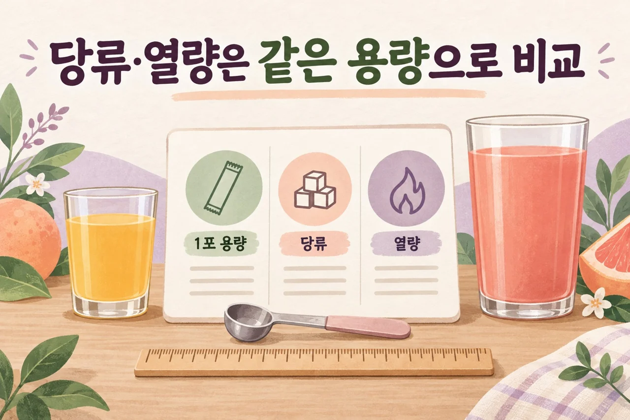 2. 당류와 열량은 같은 용량으로 비교하세요